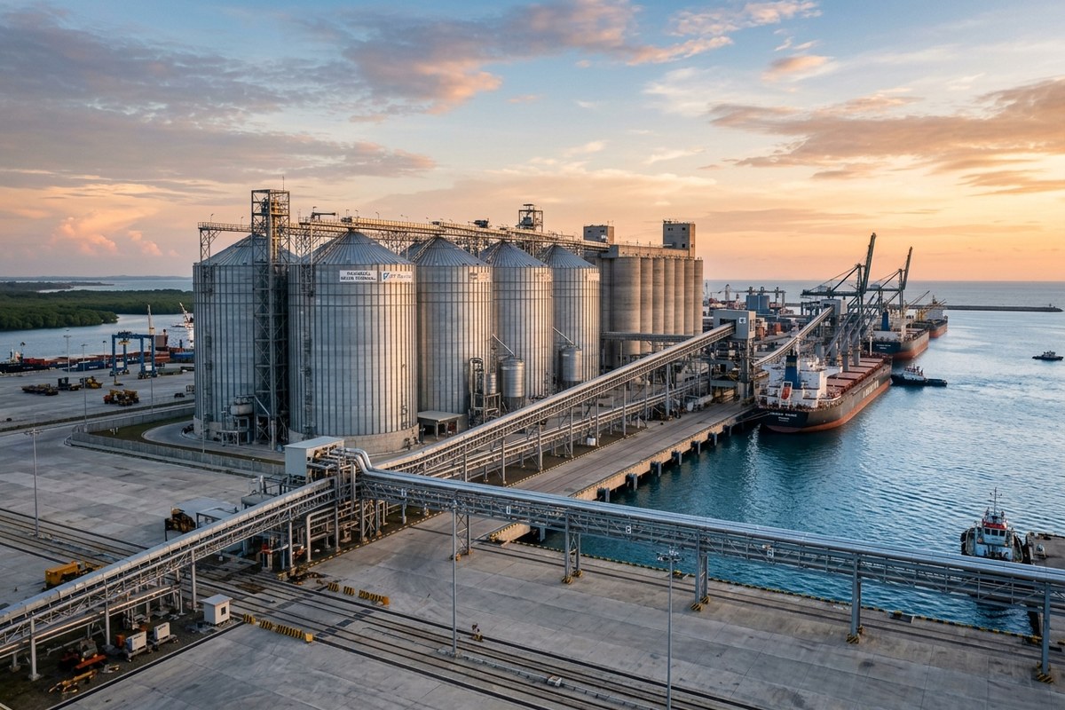 Deretan silo baja raksasa terminal pangan di dermaga laut dalam Pelabuhan Patimban dengan konveyor otomatis berlatar matahari terbit