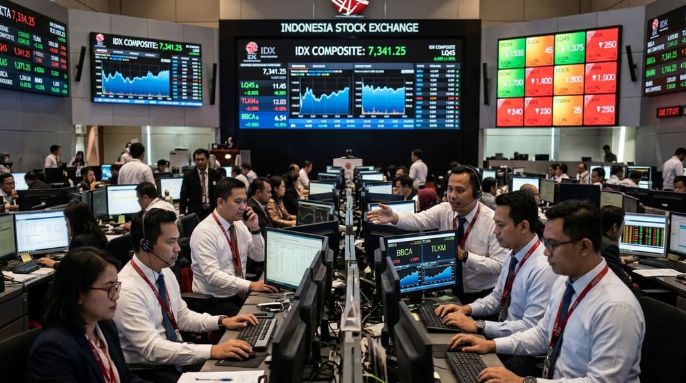 Lantai perdagangan Bursa Efek Indonesia di Jakarta dengan layar digital pergerakan indeks saham IHSG