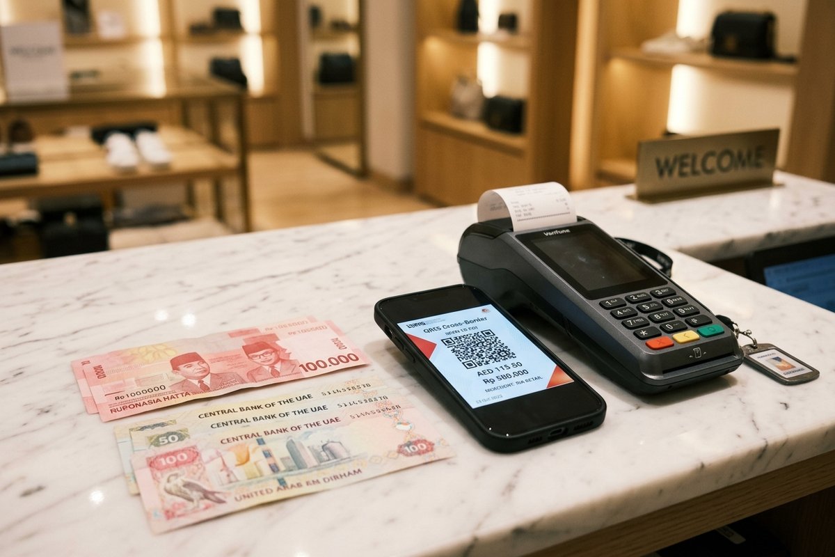 Terminal pembayaran EDC dan telepon pintar menampilkan kode QRIS lintas negara di atas meja kasir marmer bersanding dengan uang kertas Rupiah dan Dirham UEA
