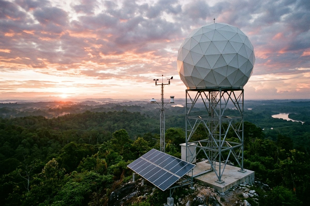 Menara kubah radome bola putih radar cuaca Doppler meteorologi modern di atas bukit hijau Kalimantan Timur saat matahari terbit keemasan