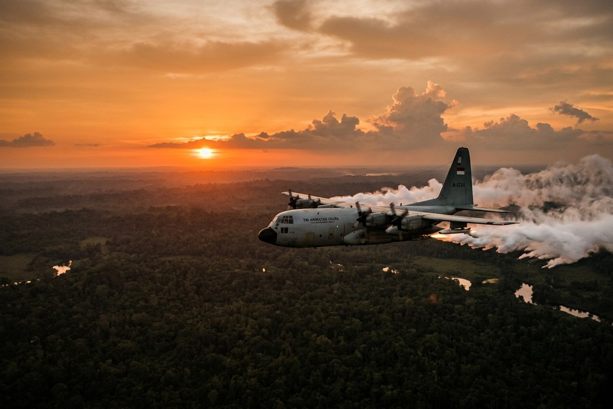 Pesawat angkut militer terbang di atas tutupan hutan gambut tropis menyebarkan flare kondensasi hujan buatan TMC saat matahari terbenam