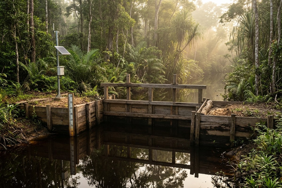 Sekat kanal bendung kayu kokoh membendung aliran air hitam gambut di tengah hutan rawa gambut Riau dengan sensor telemetri tenaga surya