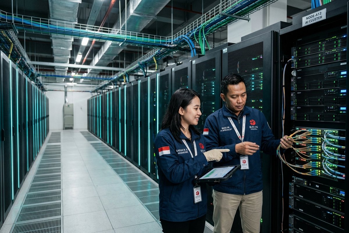Peneliti sains dan perekayasa data BRIN menginspeksi rak server klaster kecerdasan artifisial di pusat komputasi riset nasional