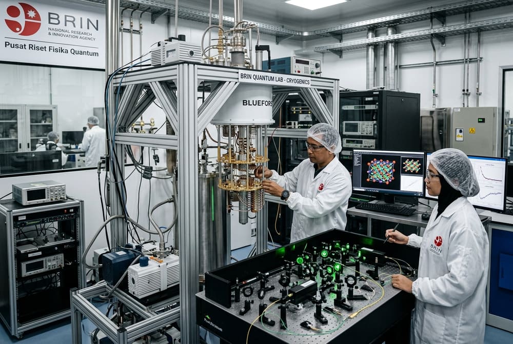 Peneliti BRIN di laboratorium kriogenik komputasi kuantum sedang mengamati simulasi struktur kristal pada layar monitor