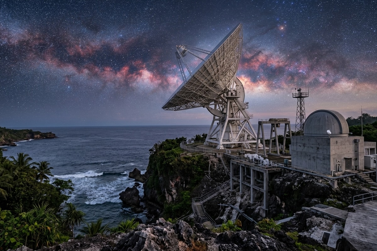 Antena teleskop radio raksasa di atas tebing karang pesisir Biak Papua menghadap langit malam berbintang galaksi bimasakti