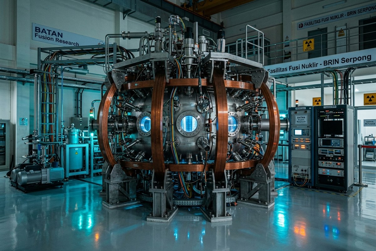 Reaktor eksperimental riset fusi magnetik toroidal Tokamak dengan pendar plasma biru di laboratorium fisika BRIN Serpong