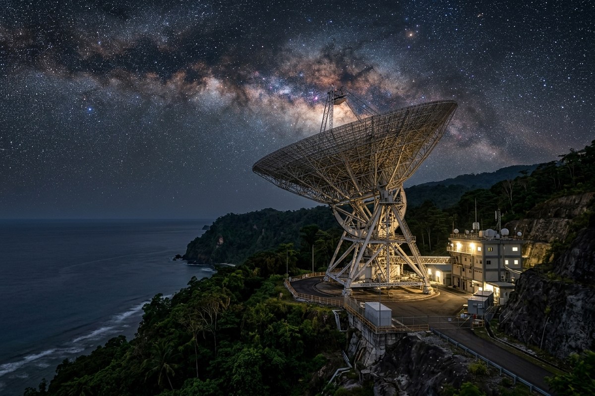 Antena radio teleskop raksasa di atas tebing tropis Biak Papua menghadap Samudra Pasifik berlatar gemerlap galaksi Bimasakti malam hari