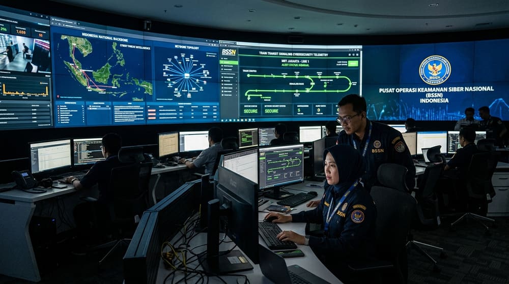 Ruang Pusat Operasi Keamanan Siber Nasional BSSN dengan layar pantau telemetri telekomunikasi