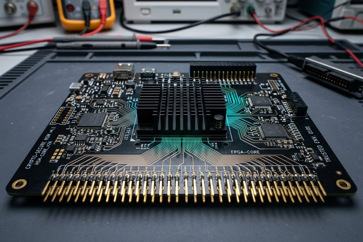 Papan sirkuit mikroprosesor modul keamanan perangkat keras kriptografi dengan heatsink dan pin konektor emas