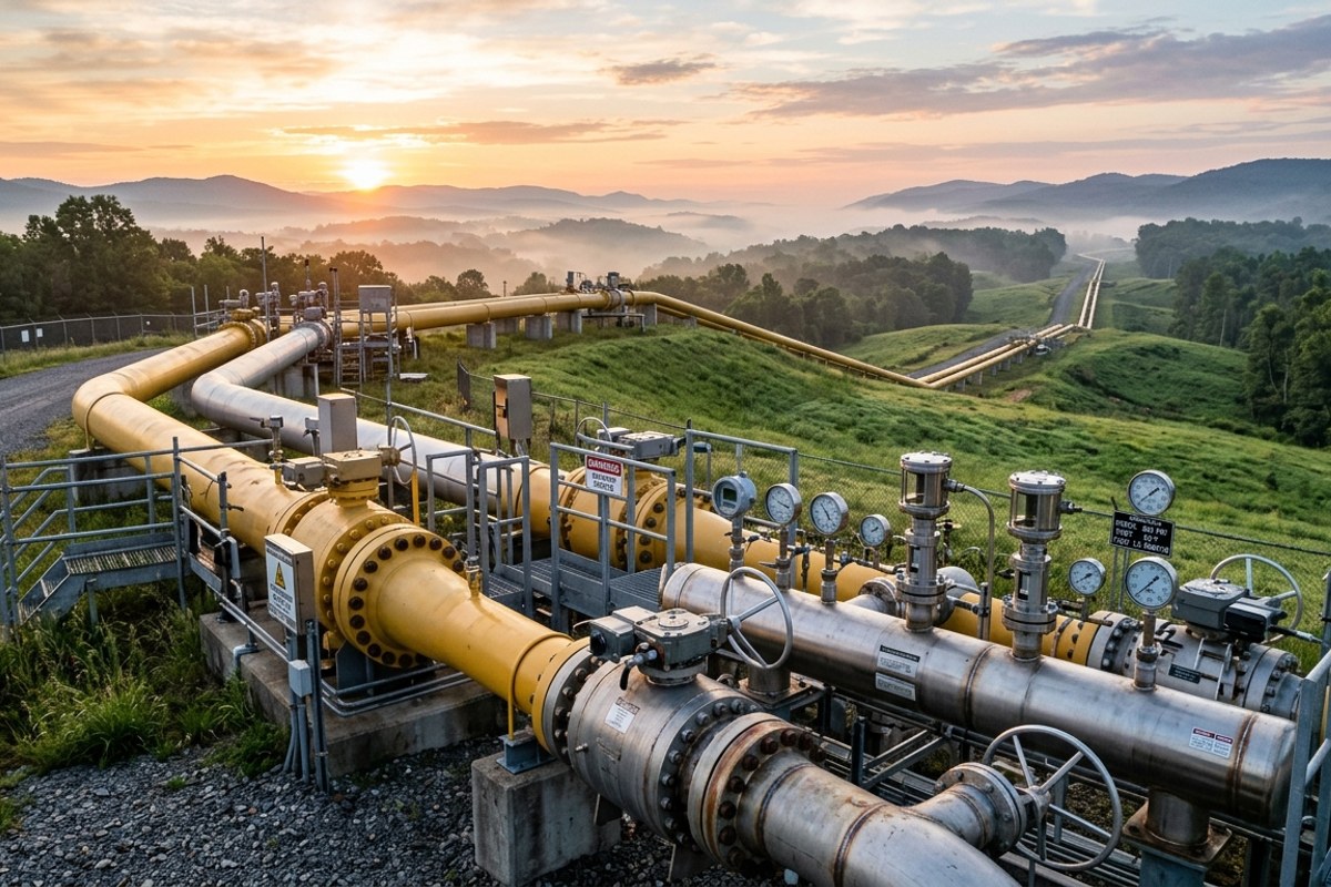 Manifold stasiun transmisi pipa gas bumi baja bertekanan tinggi di jalur lembah perbukitan jalur Cirebon-Semarang berlatar fajar