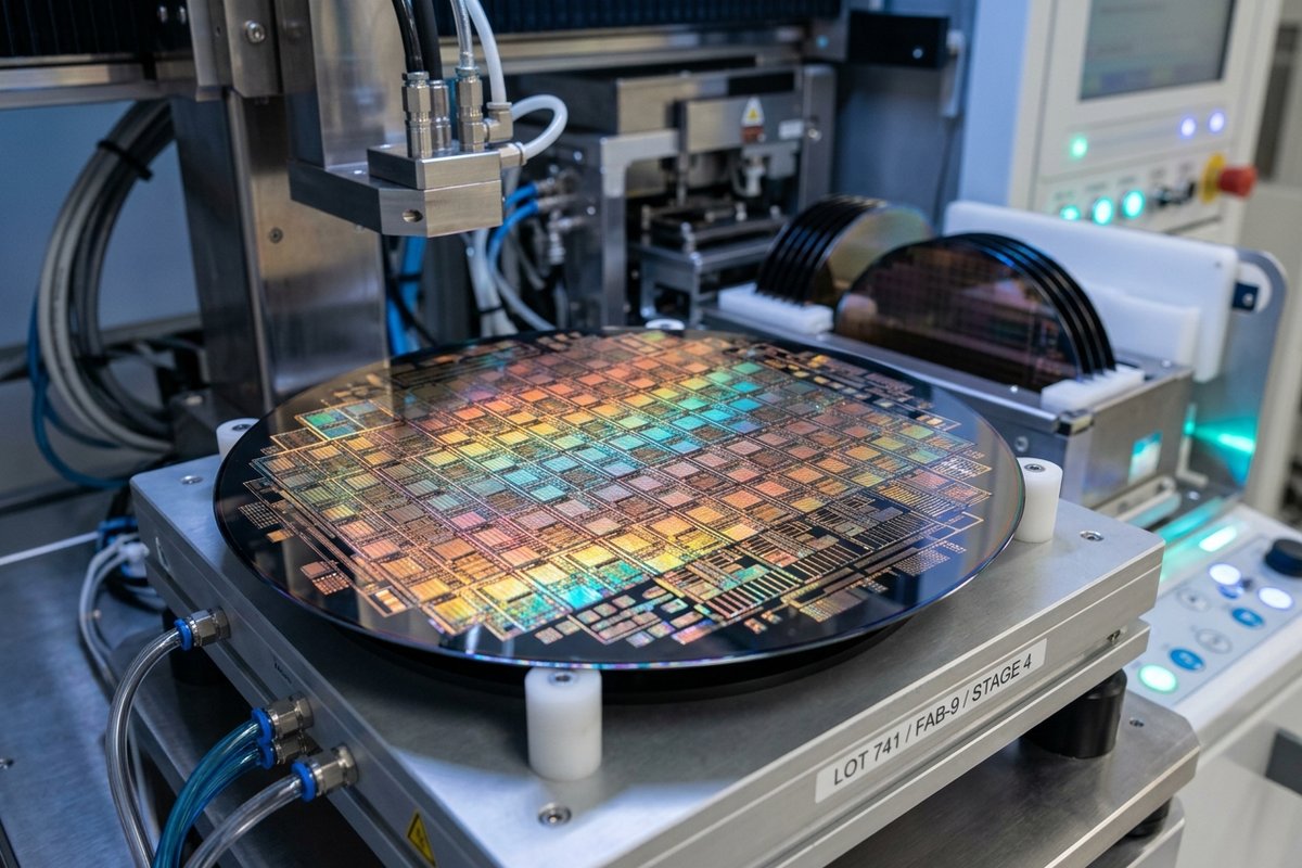 Wafer silikon sirkuit terpadu semikonduktor dalam ruang uji instrumen berteknologi tinggi berlampu LED bersih