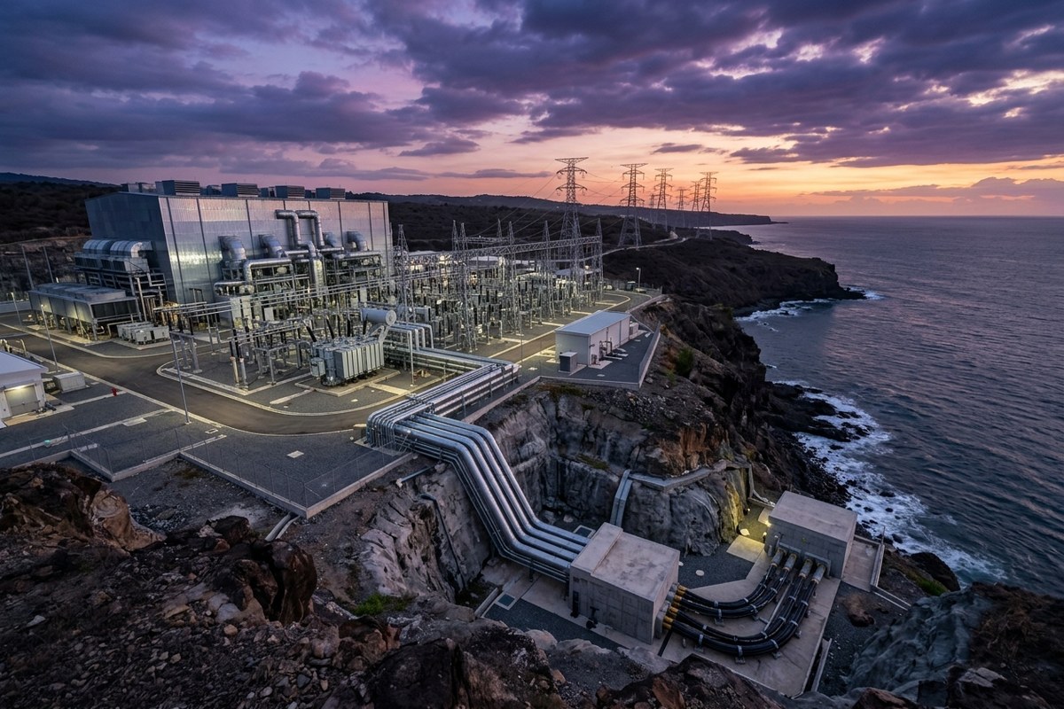 Stasiun konverter HVDC canggih dengan trafo tegangan tinggi dan terminasi kabel laut di atas tebing pesisir pantai menghadap Laut Timor saat senja