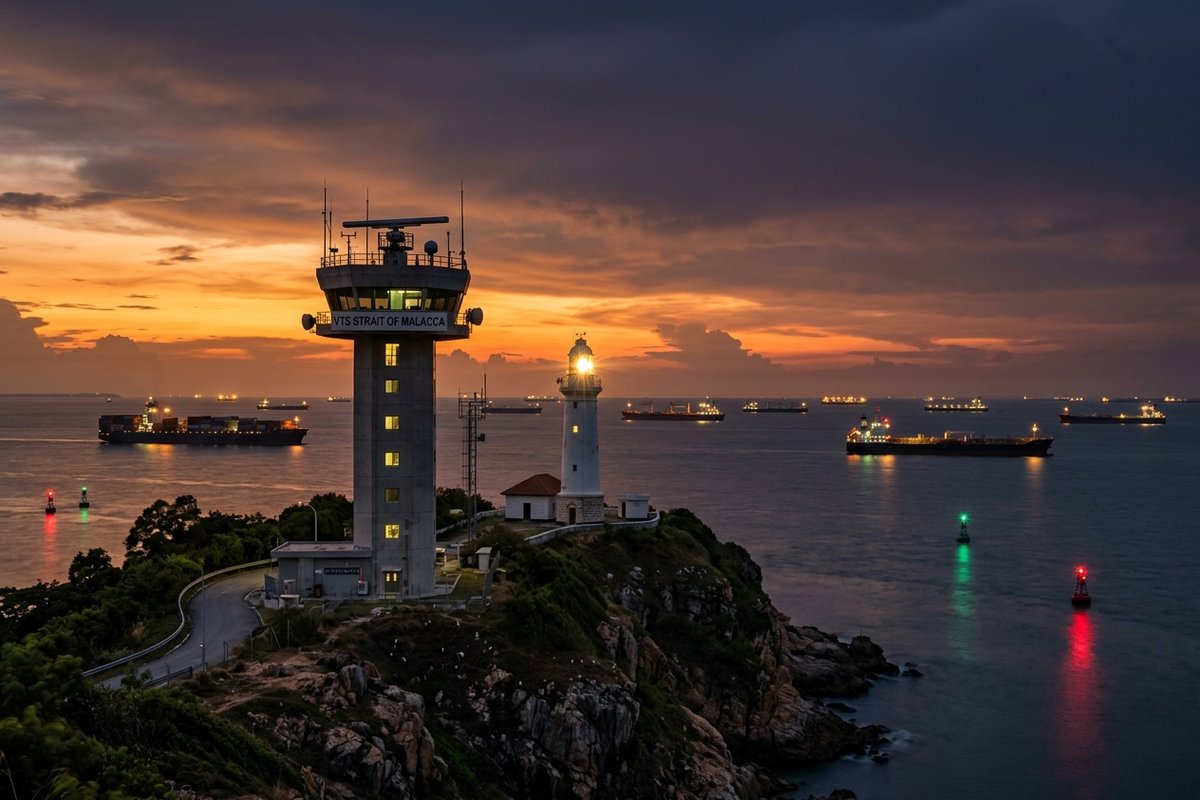 Menara stasiun radar pemantau navigasi kapal Vessel Traffic Service dan mercusuar di tanjung pesisir Selat Malaka saat senja temaram