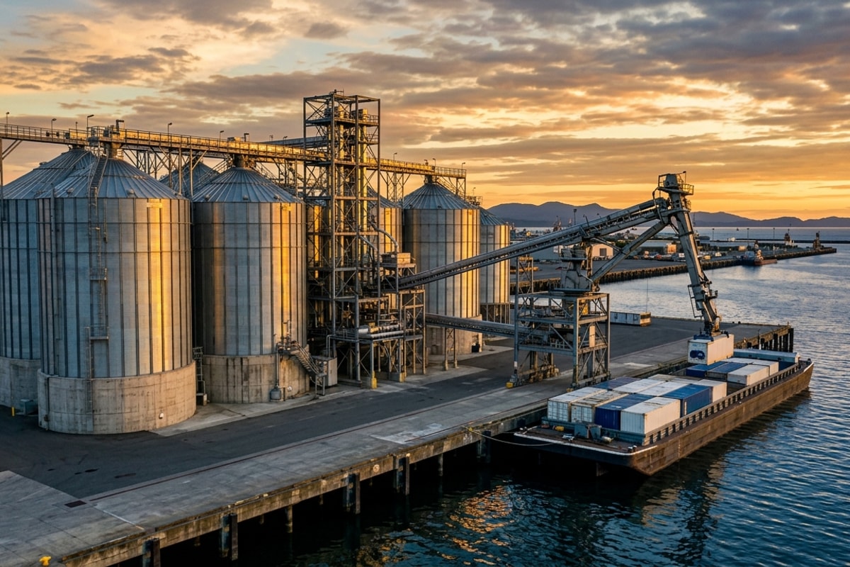 Silo penyimpan beras dan gandum baja raksasa di pelabuhan logistik maritim modern dengan kapal kargo saat senja keemasan