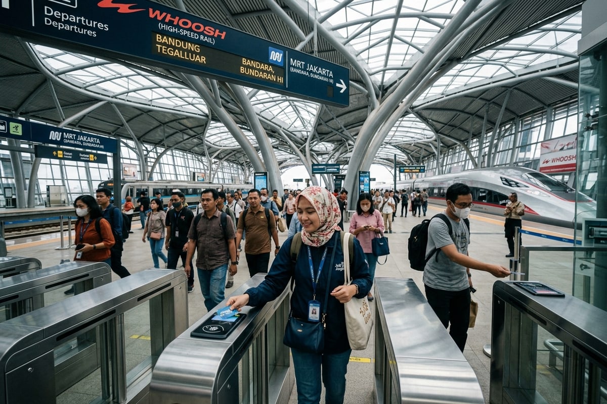 Rangkaian kereta modern berkecepatan tinggi melintas di atas rel elevated stasiun transit perkotaan terpadu