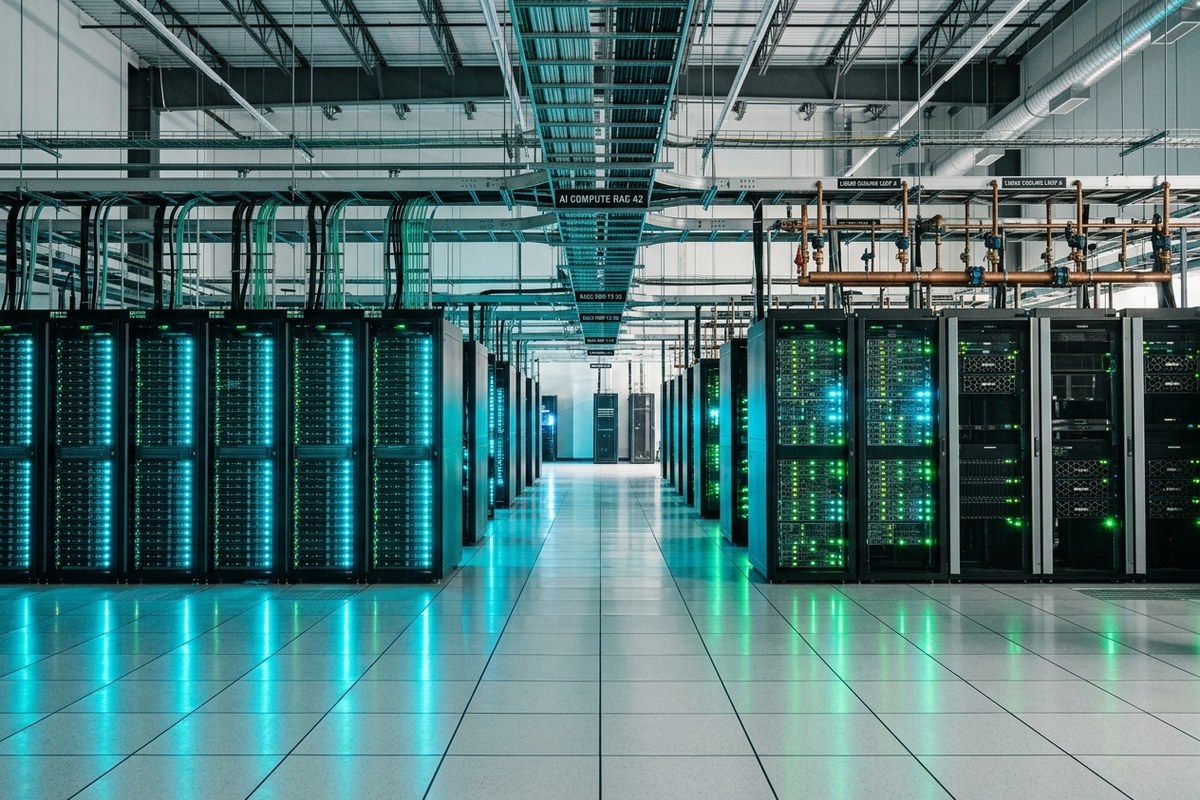 Deretan rak server blade superkomputer kecerdasan buatan dengan lampu indikator pendar cyan dan pipa pendingin cairan di laboratorium ITB Bandung
