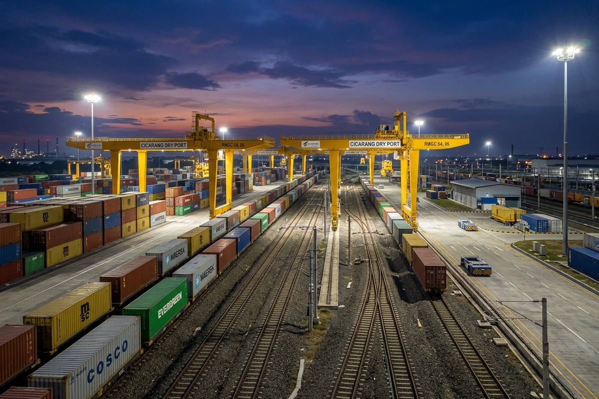 Jalur rel ganda terminal peti kemas darat Cikarang Dry Port dengan derek gantry crane otomatis mengangkat kontainer dari gerbong kereta saat senja