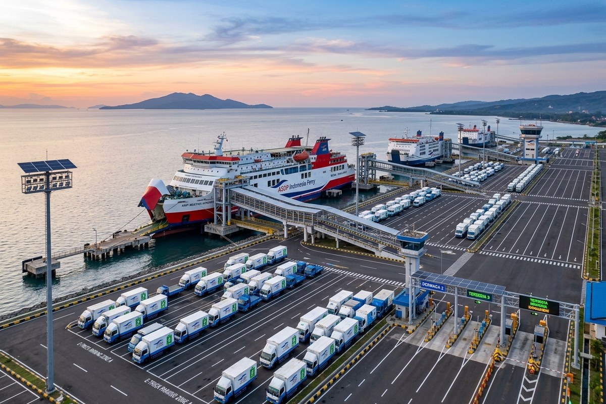 Terminal dermaga feri modern Merak Banten dengan kapal feri Ro-Ro bersandar di jembatan penghubung berlatar perairan Selat Sunda saat fajar