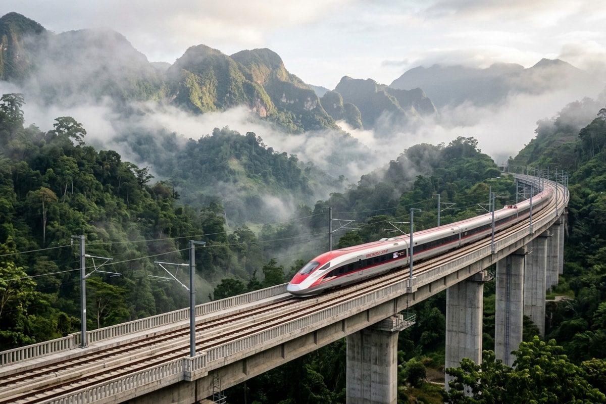 Kereta api cepat warna merah putih melintas mulus di atas jembatan viaduct beton tinggi membelah perbukitan karst berkabut di Sulawesi