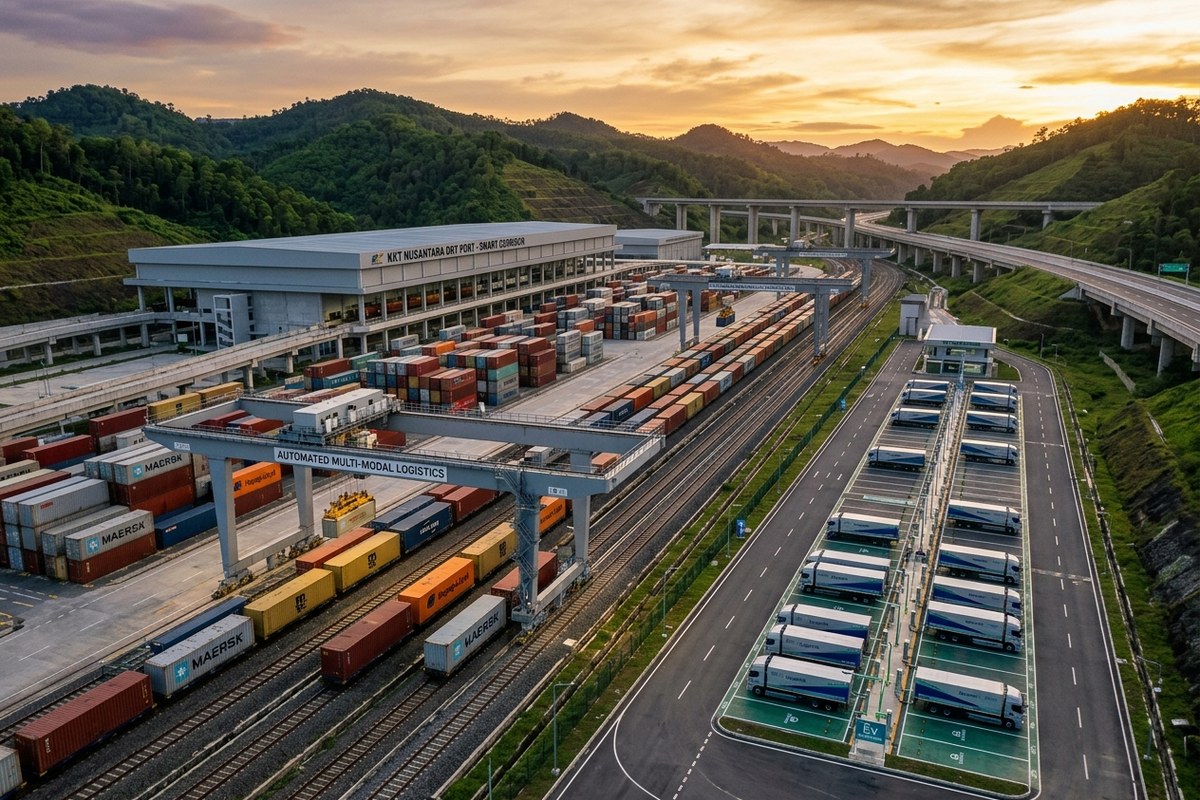 Depo terminal logistik kargo darat otomatis di lembah perbukitan hijau koridor IKN Nusantara dengan jajaran kontainer dan armada truk listrik saat senja