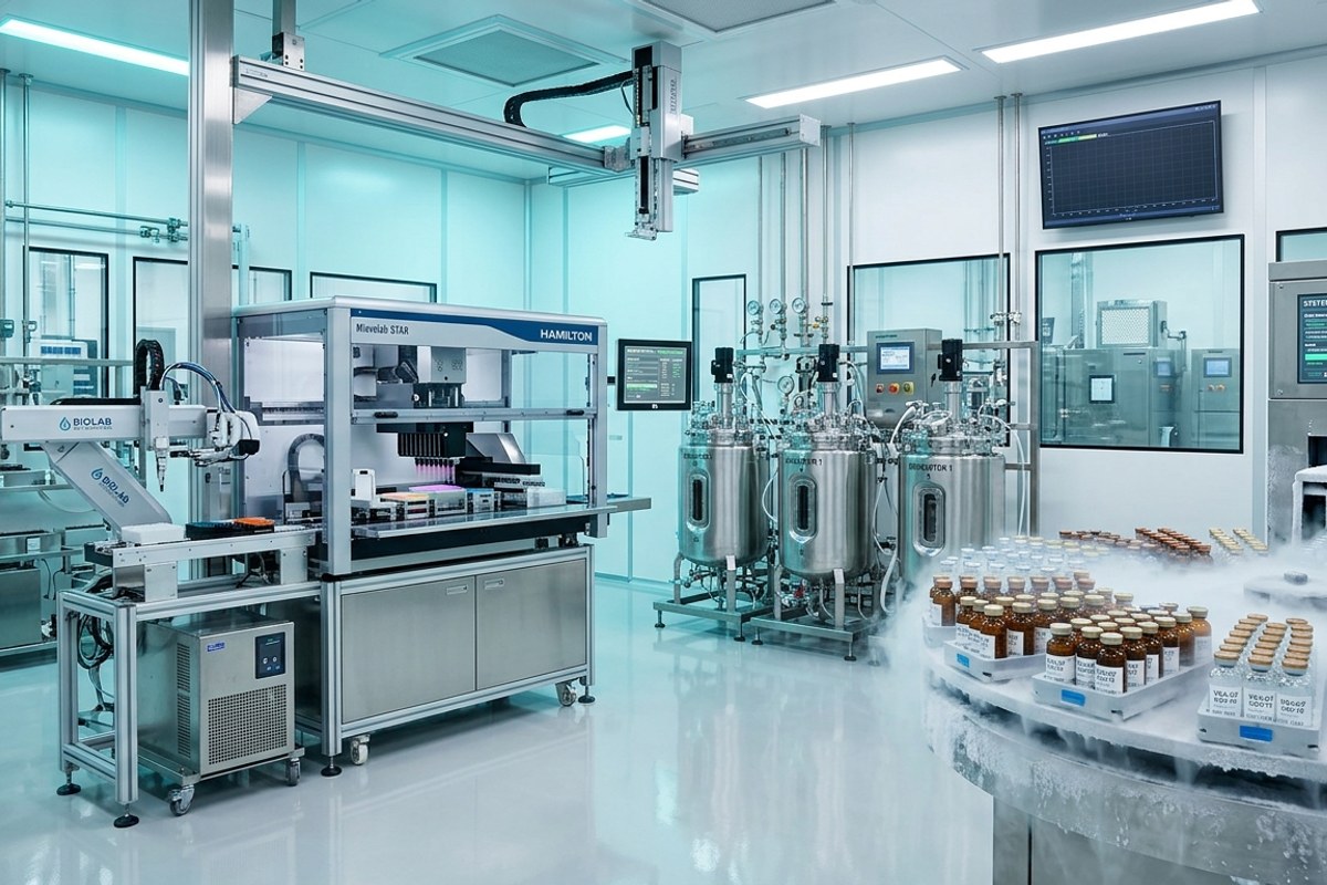 Laboratorium canggih bioteknologi cleanroom cGMP pembuatan vaksin mRNA dengan reaktor steril dan instrumen bioinformatika presisi