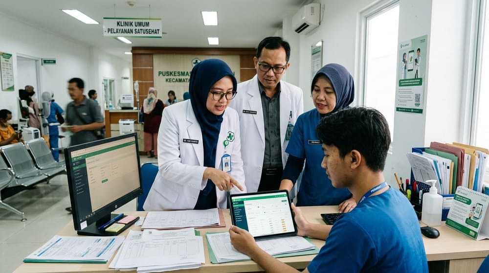 Tenaga medis Puskesmas memeriksa rekam medis elektronik SatuSehat menggunakan tablet komputer