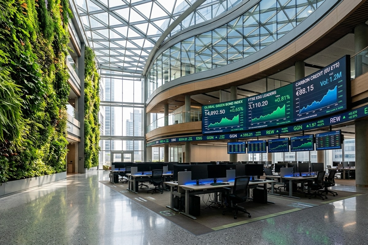 Lantai bursa perdagangan efek modern menampilkan layar digital indeks sukuk hijau dan kredit karbon berlatar dinding taman vertikal hijau