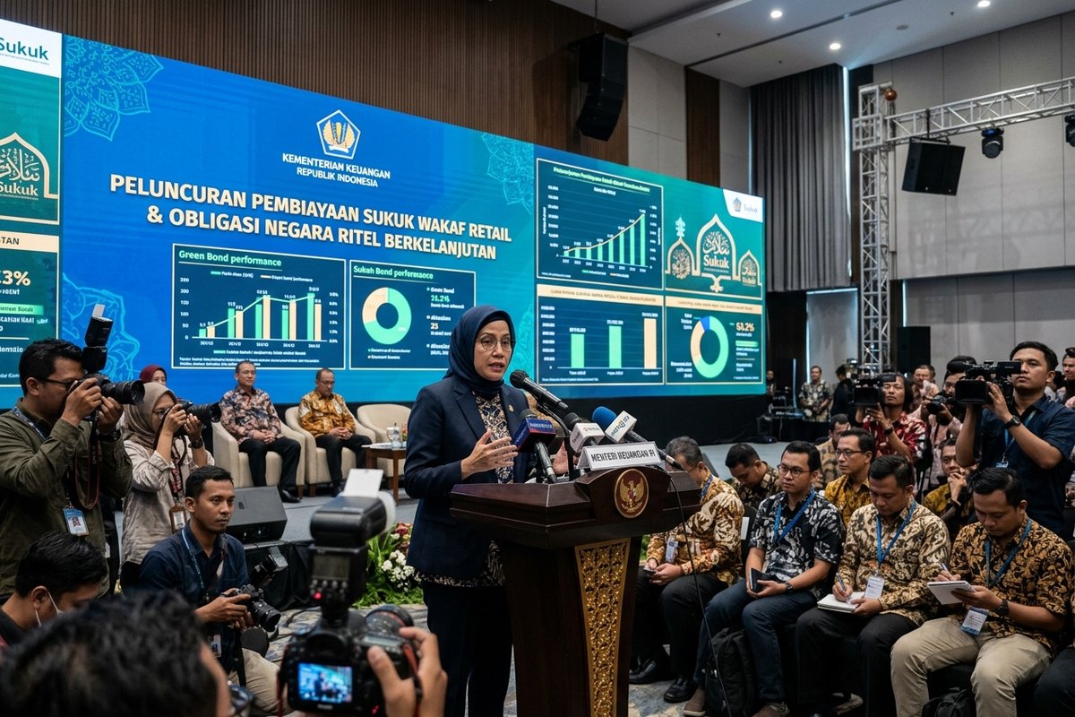 Konferensi pers peluncuran instrumen pembiayaan Sukuk Wakaf Ritel oleh Kementerian Keuangan RI di hadapan awak media ekonomi