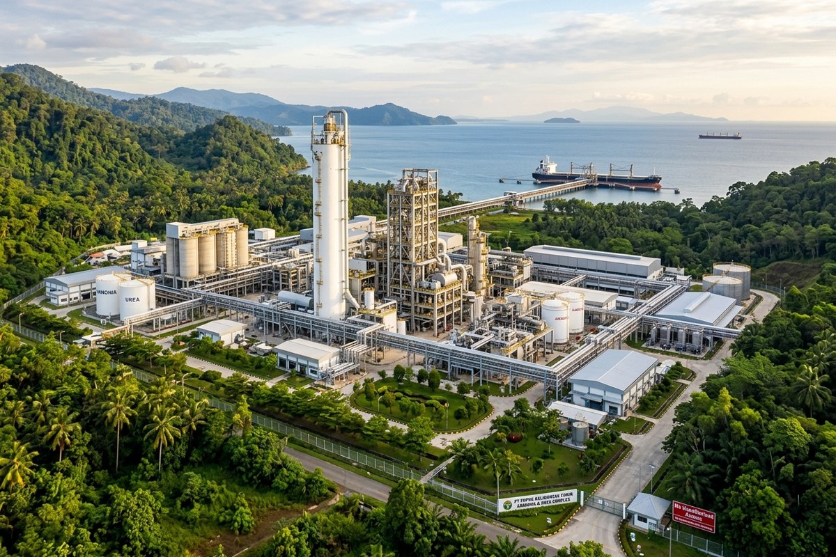 Panorama kawasan industri pupuk kimia modern Fakfak Papua Barat di tepi laut dengan menara pendingin prilling berlatar hutan perbukitan hijau tropis saat fajar