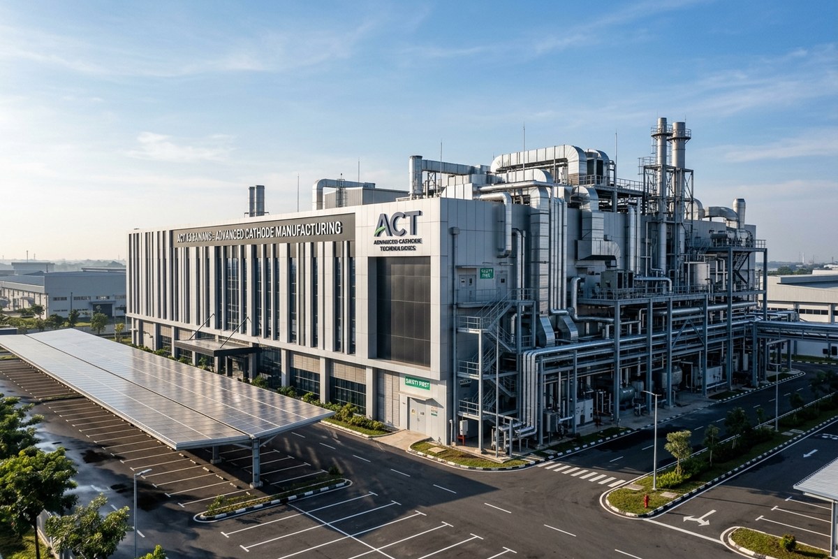 Gedung modern pabrik manufaktur katoda baterai EV canggih di Kawasan Industri Karawang dengan pipa teknologi tinggi dan atap kanopi panel surya