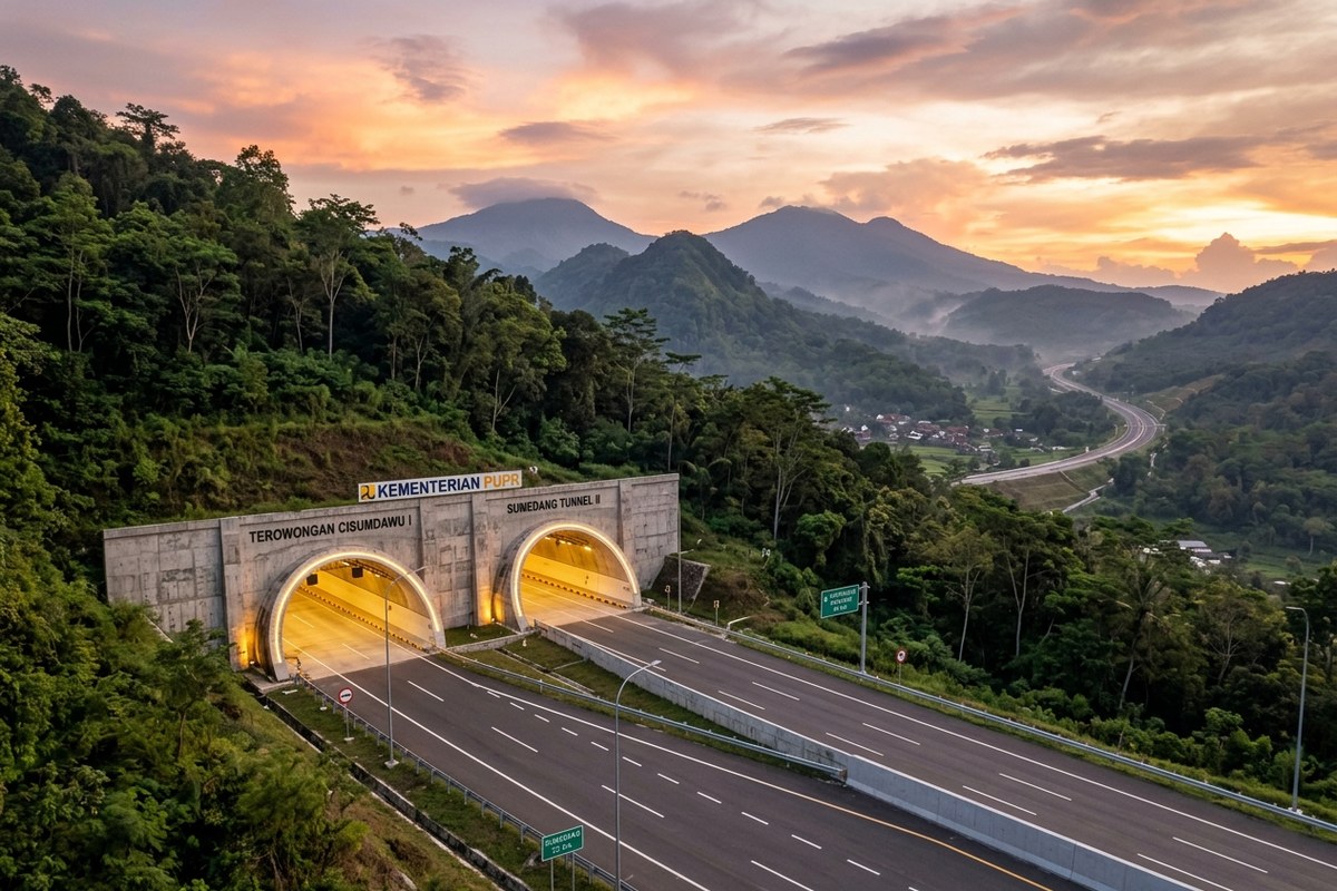 Pintu gerbang terowongan kembar Tol Cisumdawu menembus perbukitan hijau Sumedang dengan pencahayaan LED modern saat senja