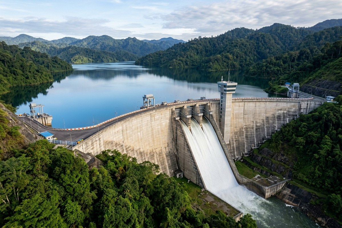 Bendungan masif Lau Simeme Deli Serdang dengan limpasan air spillway yang mengalir tenang di antara perbukitan hijau Sumatra Utara