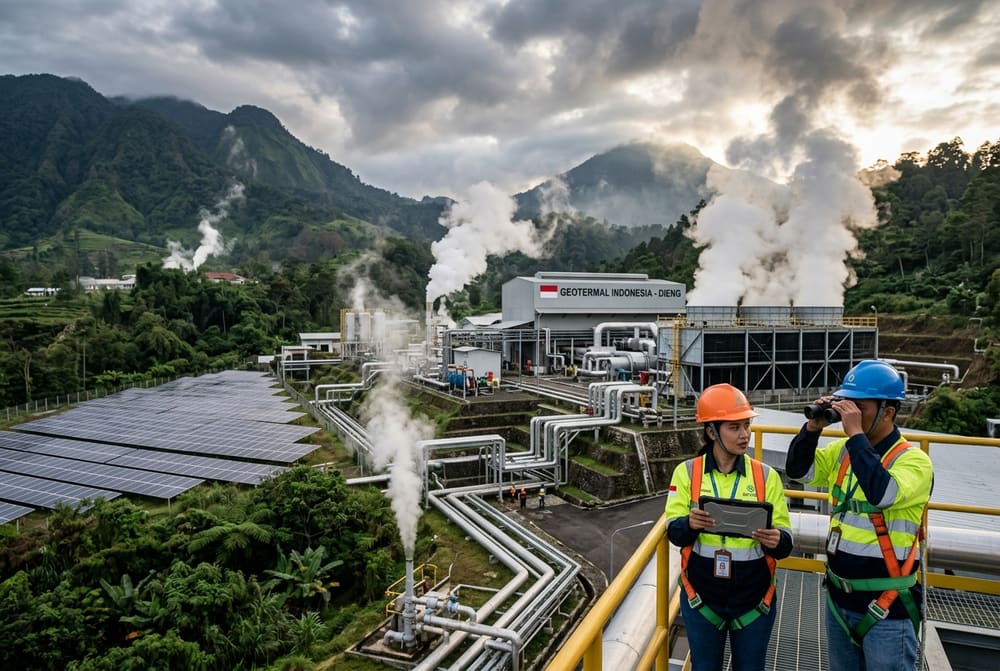 Fasilitas pembangkit listrik tenaga panas bumi dan solar panel di dataran tinggi Dieng
