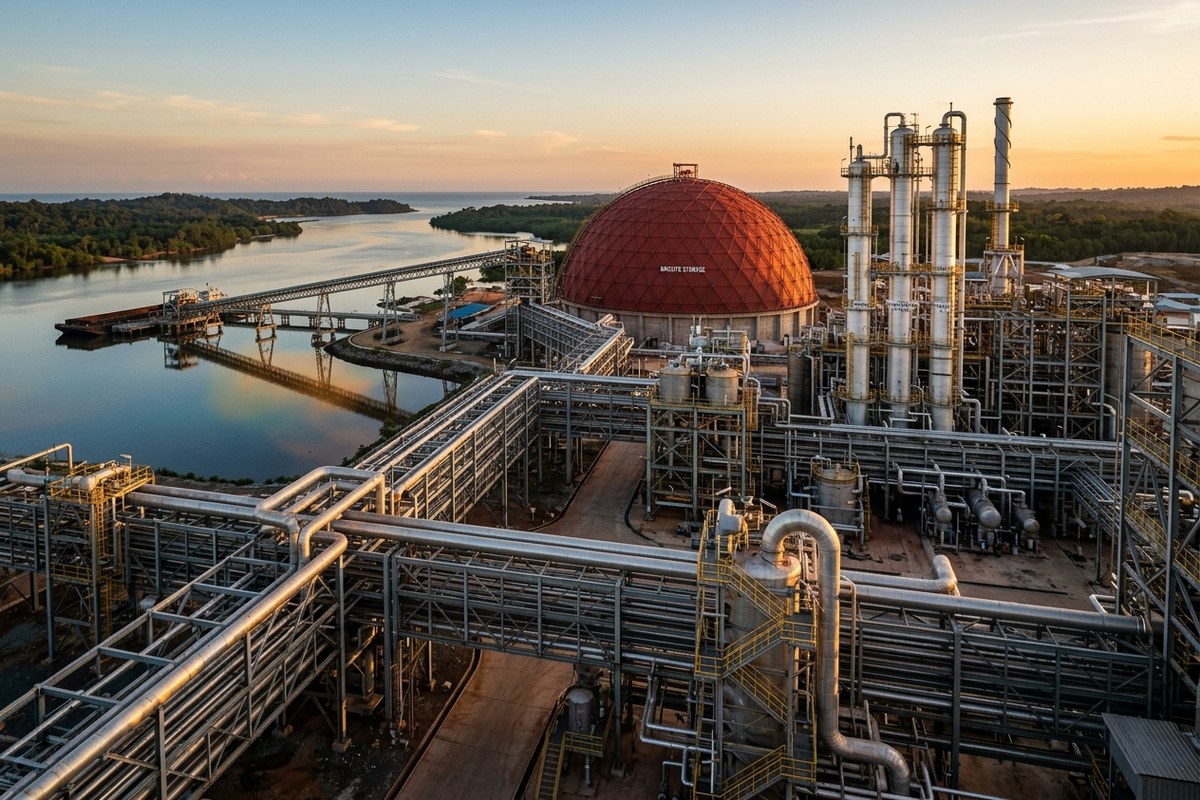 Kawasan industri kilang pemurnian bauksit Smelter Grade Alumina Mempawah dengan instalasi pipa dan menara kalsinasi megah