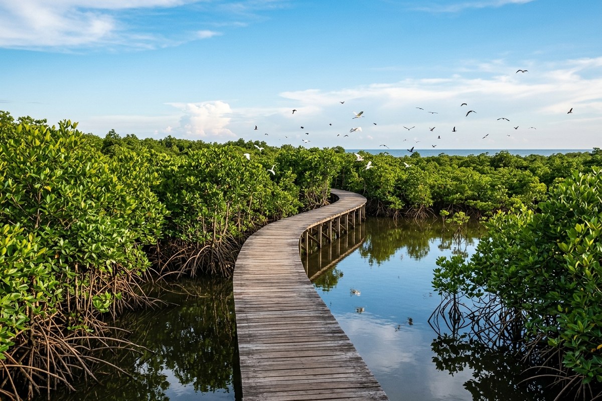 Jalur jembatan kayu melintasi hamparan hutan mangrove lebat yang menghijau di pesisir Muara Gembong Jawa Barat dengan kawanan burung terbang bebas
