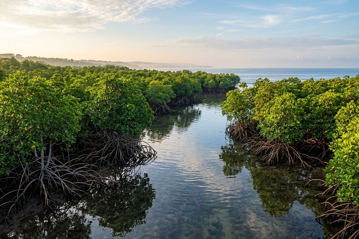 Lanskap hutan mangrove pesisir dengan akar tunjang kokoh di atas air laut pasang jernih di bawah sinar matahari pagi