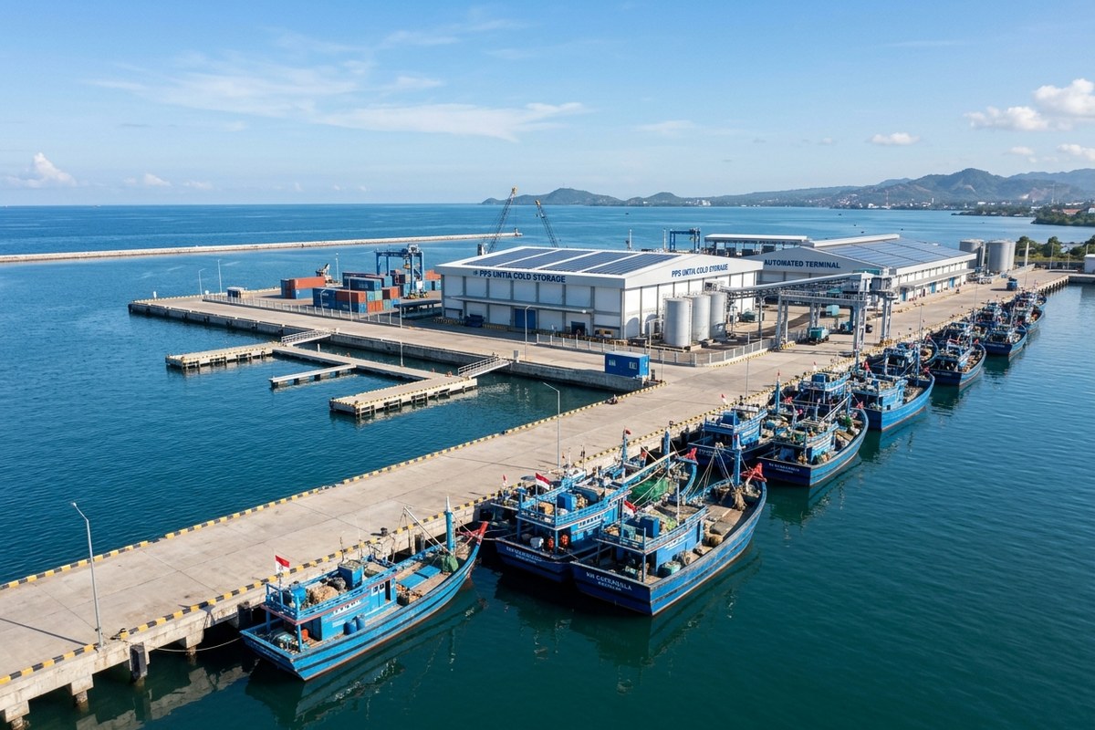 Dermaga pelabuhan perikanan modern Untia Makassar dengan fasilitas cold storage bertenaga surya di tepi perairan biru jernih