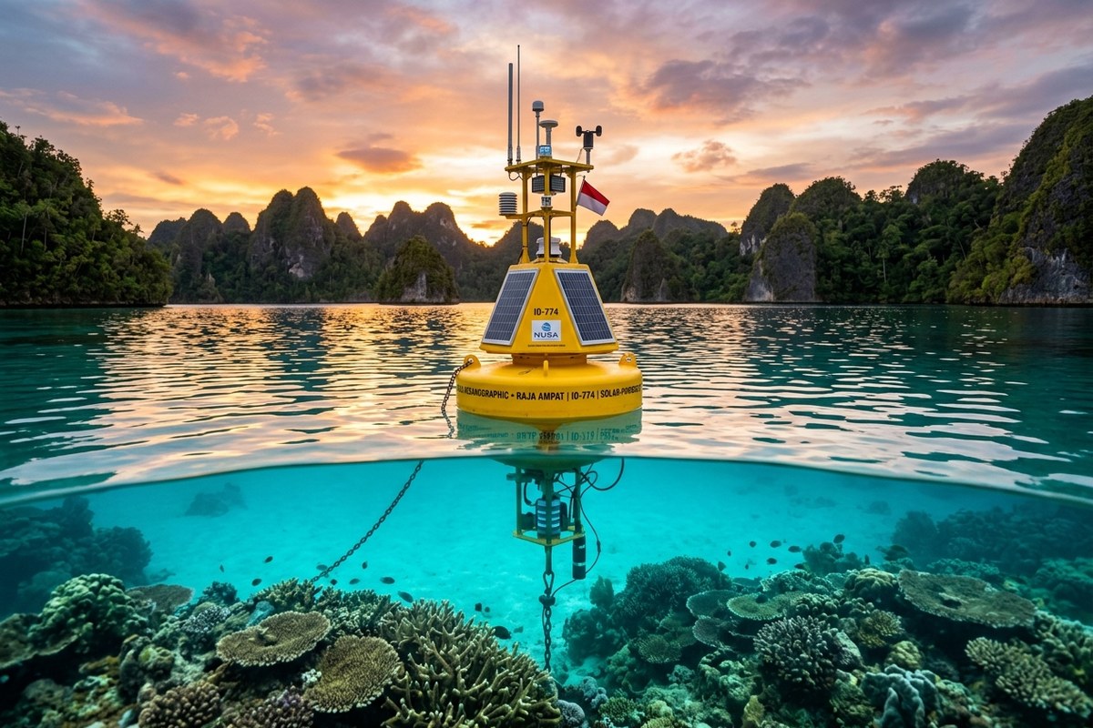 Pelampung pintar oseanografi berwarna kuning mengapung di atas laguna laut jernih toska kepulauan Raja Ampat dengan terumbu karang terlihat jelas di dasar laut