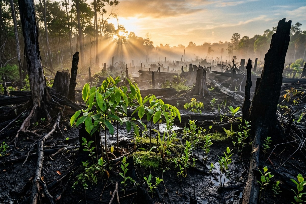 Tunas hijau muda pohon belangeran tumbuh subur dari tanah gambut hitam arang di antara tunggul pohon terbakar dengan sinar matahari pagi menerobos kabut