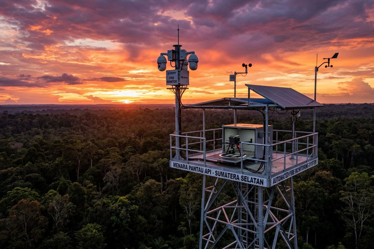 Menara pantau api baja otomatis di atas kanopi hutan gambut Sumatra Selatan dengan kamera sensor AI dan landasan drone saat senja jingga