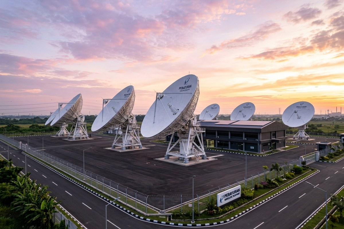 Deretan antena parabola stasiun bumi telekomunikasi satelit SATRIA-2 dengan latar langit cerah keemasan di Pebayuran Bekasi