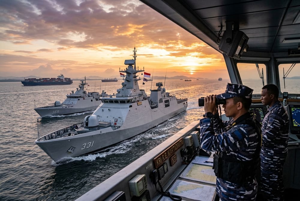 Formasi kapal perang fregat KRI TNI AL berpatroli mengawal lalu lintas kapal kargo internasional di perairan Selat Malaka saat fajar
