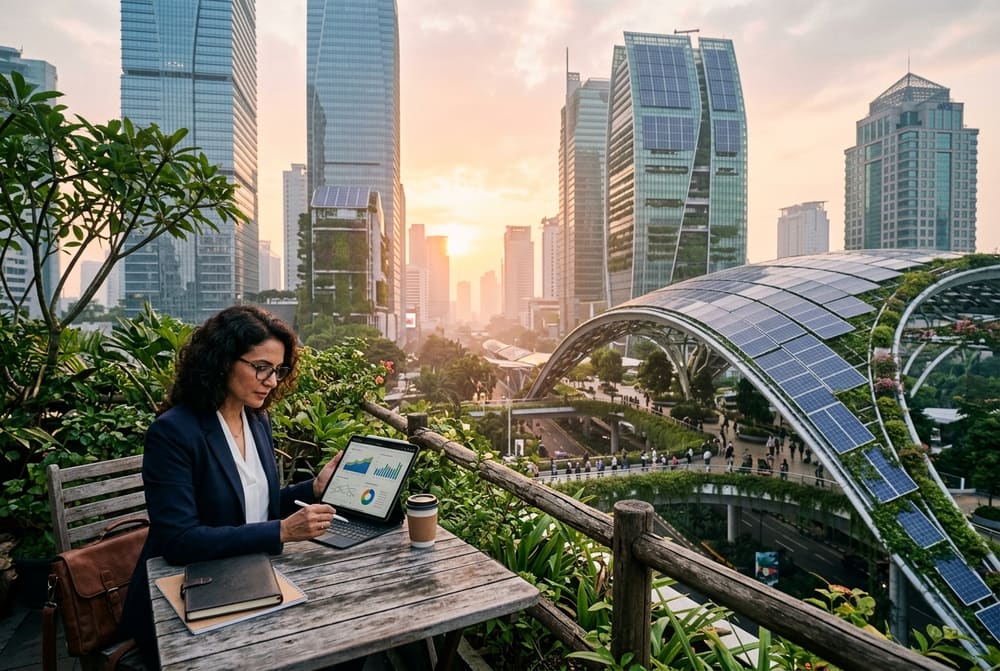 Pemandangan kota metropolitan Jakarta berarsitektur hijau dengan kanopi panel surya di kawasan perkantoran finansial