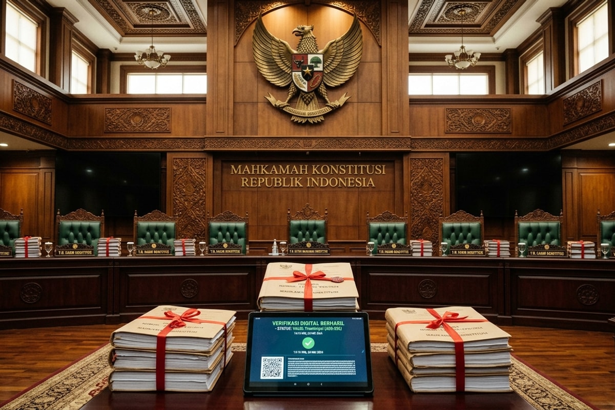 Meja sidang Mahkamah Konstitusi dengan bundel berkas perkara terikat pita merah dan perangkat tablet menampilkan status verifikasi digital