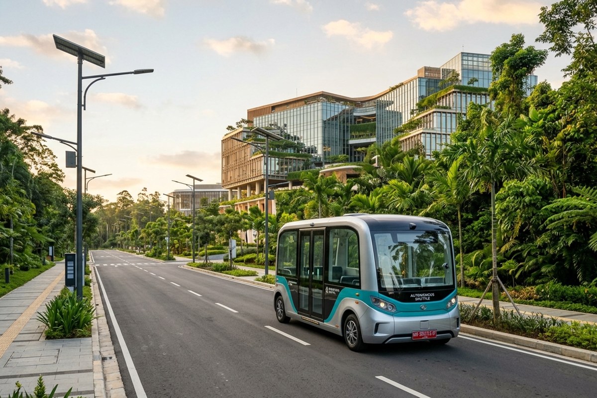 Bus listrik otonom futuristik meluncur di boulevard hijau KIPP Nusantara dengan latar Istana Garuda dan gedung kementerian berarsitektur hijau