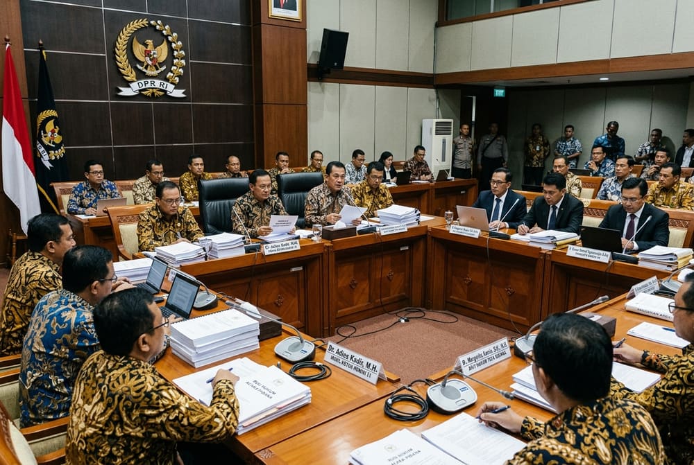 Suasana rapat dengar pendapat Panitia Khusus DPR RI membahas pembaruan Kitab Undang-Undang Hukum Acara Pidana di Gedung Nusantara