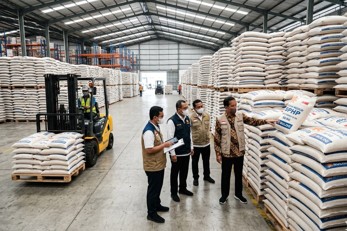Butiran beras putih berkualitas tinggi dalam wadah karung logistik cadangan pangan nasional