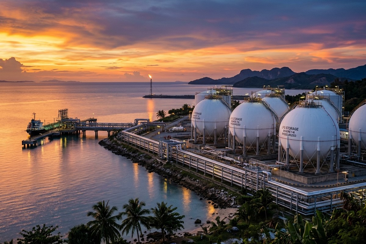 Kompleks tangki bola putih penyimpanan gas LPG bertekanan tinggi di pesisir pantai Tuban Jawa Timur dengan dermaga jetty saat senja keemasan