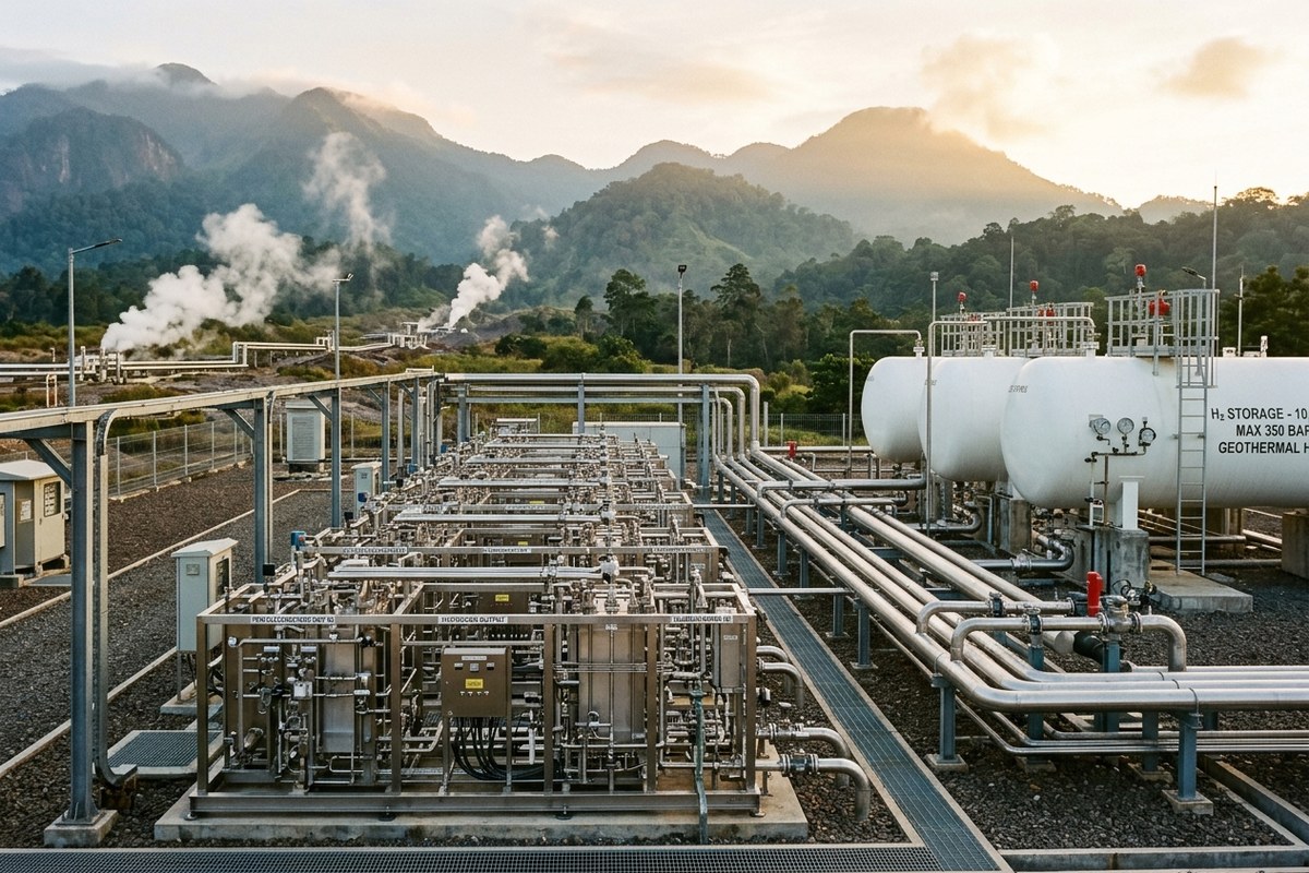 Instalasi pemurnian hidrogen hijau PEM electrolyzer dengan tabung penyimpanan silinder baja bertekanan tinggi dan pipa uap panas bumi di Ulubelu Lampung