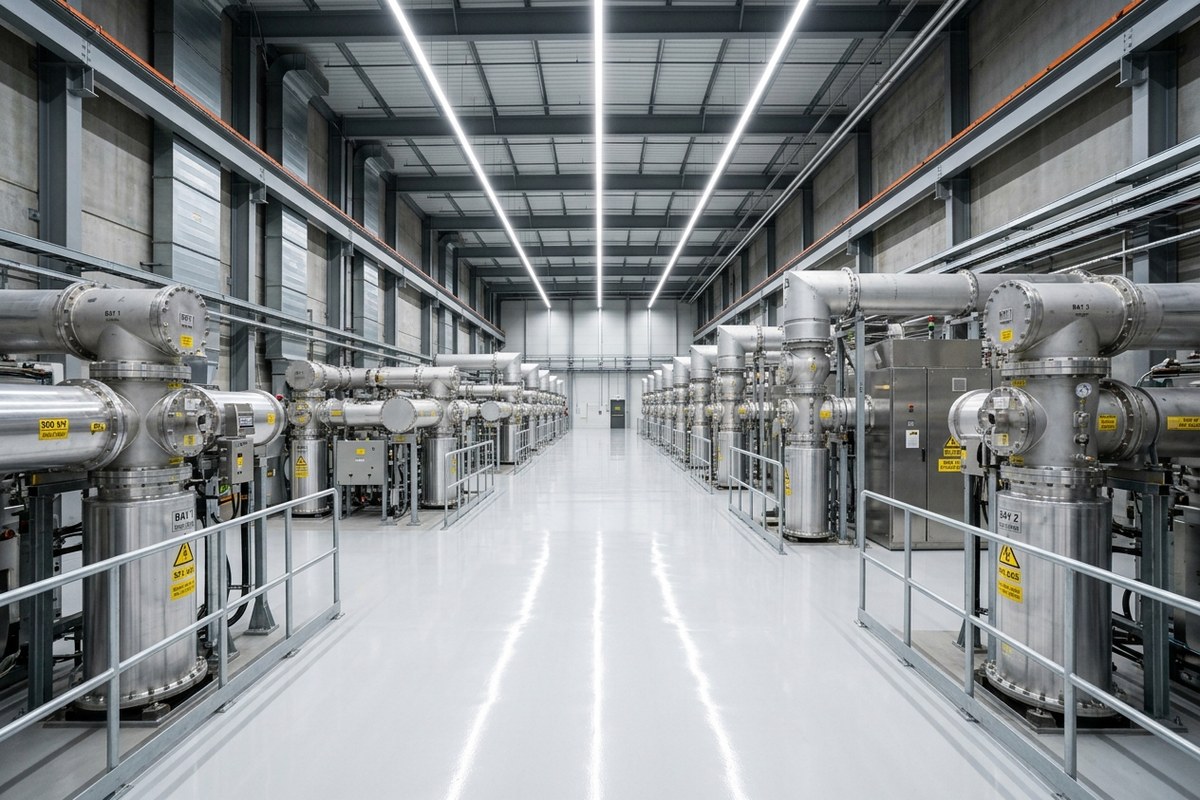 Ruang aula transmisi indoor gardu induk GIS 500 kV Ungaran berdesain rapi dengan silinder logam aluminium bertekanan tinggi di atas lantai putih mengilap